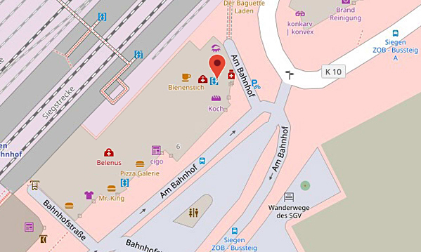 Straßenkarte Ausschnitt der Hausarzt Praxis in Siegen am Bahnhof 4-12, von Dr. med. Martin Schmidt u. Shahla Kamgar, Gemeinschaftspraxis in Siegen